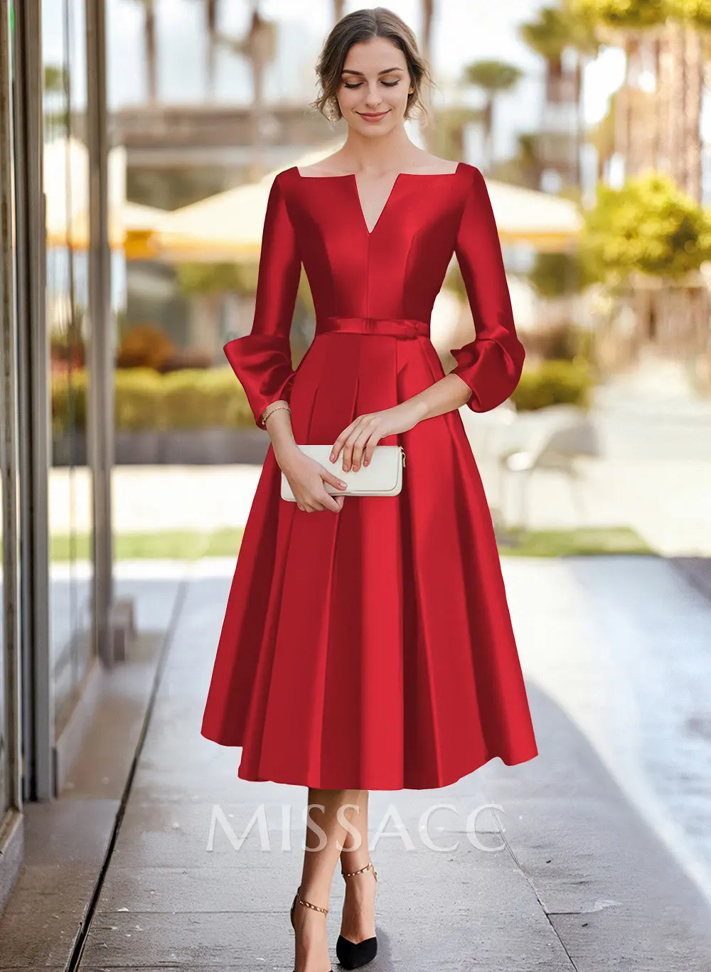Missacc Papaya Cocktail Dresses A-Line 3/4 Sleeves Tea-Length Satin Cocktail Dresses Missacc Papaya Cocktail Dresses A-Line 3/4 Sleeves Tea-Length Satin Cocktail Dresses