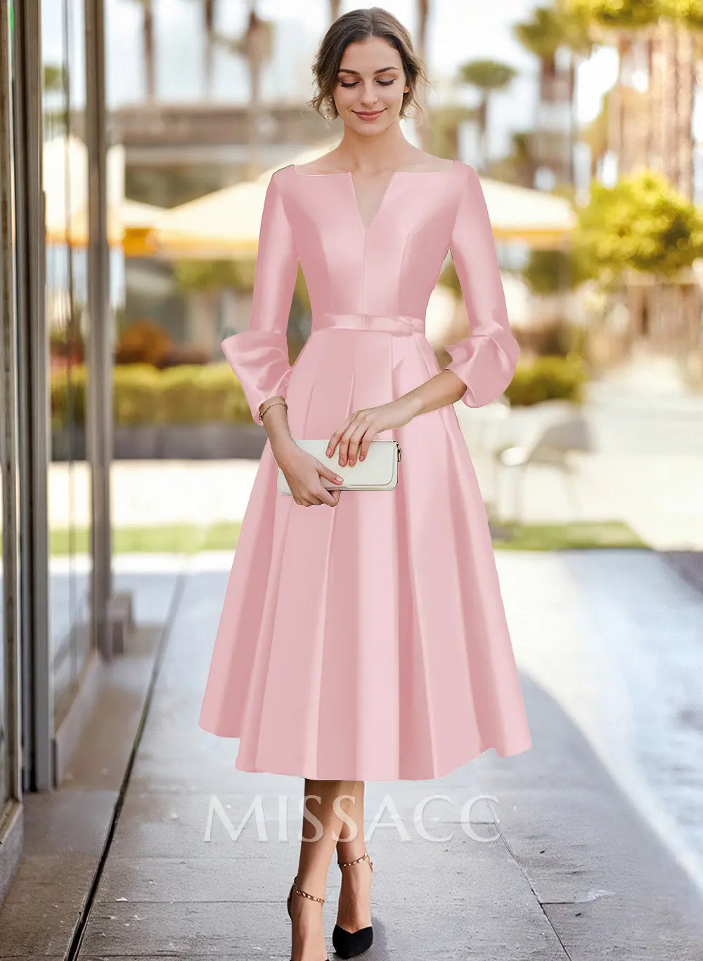 Missacc Petal Cocktail Dresses A-Line 3/4 Sleeves Tea-Length Satin Cocktail Dresses Missacc Petal Cocktail Dresses A-Line 3/4 Sleeves Tea-Length Satin Cocktail Dresses