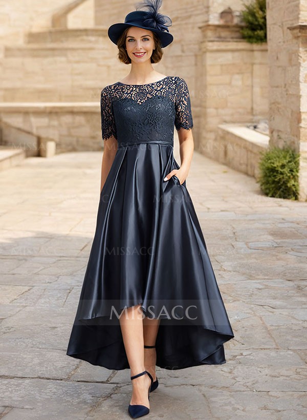 Lace Satin A-Line Asymmetrical Cocktail Dresses With Short Sleeves