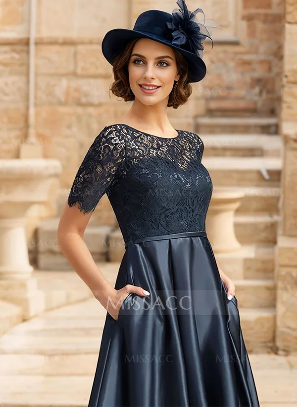 navy blue dress for baby girl Charming Evening Dress A-Line V-Neck Knee-Length Short Sleeves Lace-Up Pleated Satin Fabric Cocktail Dress Little Black Dress