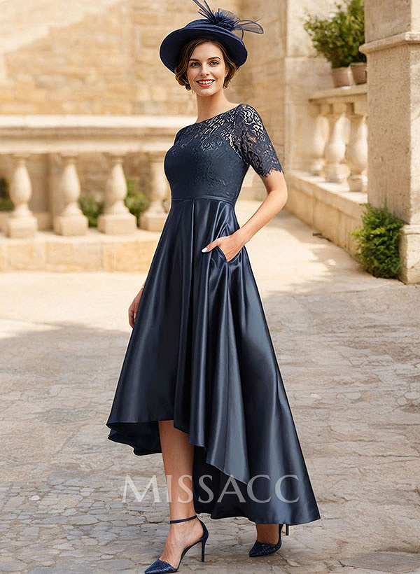 Lace Satin A-Line Asymmetrical Cocktail Dresses With Short Sleeves