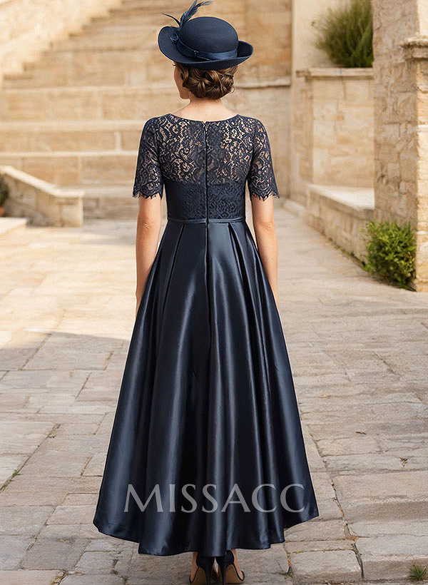 Lace Satin A-Line Asymmetrical Cocktail Dresses With Short Sleeves