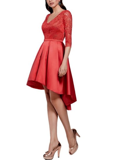 A-Line Scoop Neck 3/4 Sleeves Asymmetrical Satin Cocktail Dresses With Sash