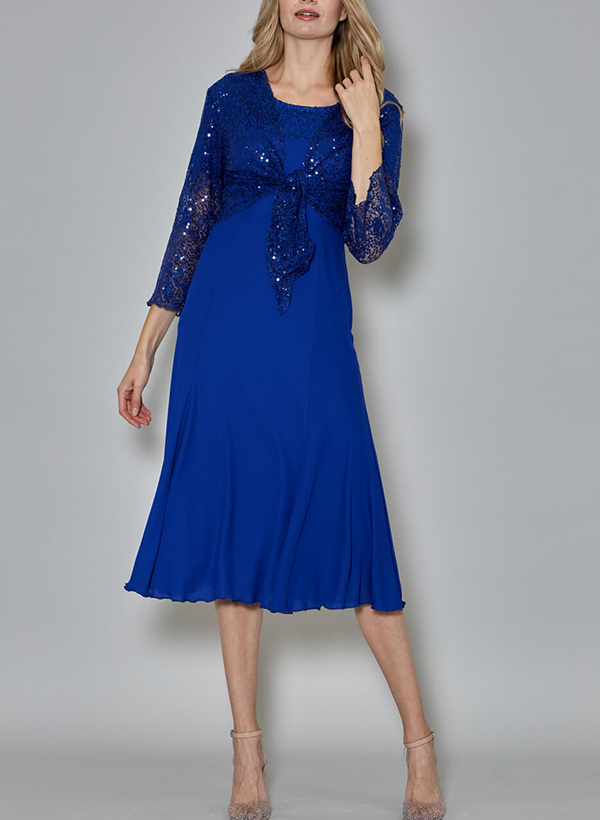 A-Line Scoop Neck 3/4 Sleeves Tea-Length Sequined Cocktail Dresses
