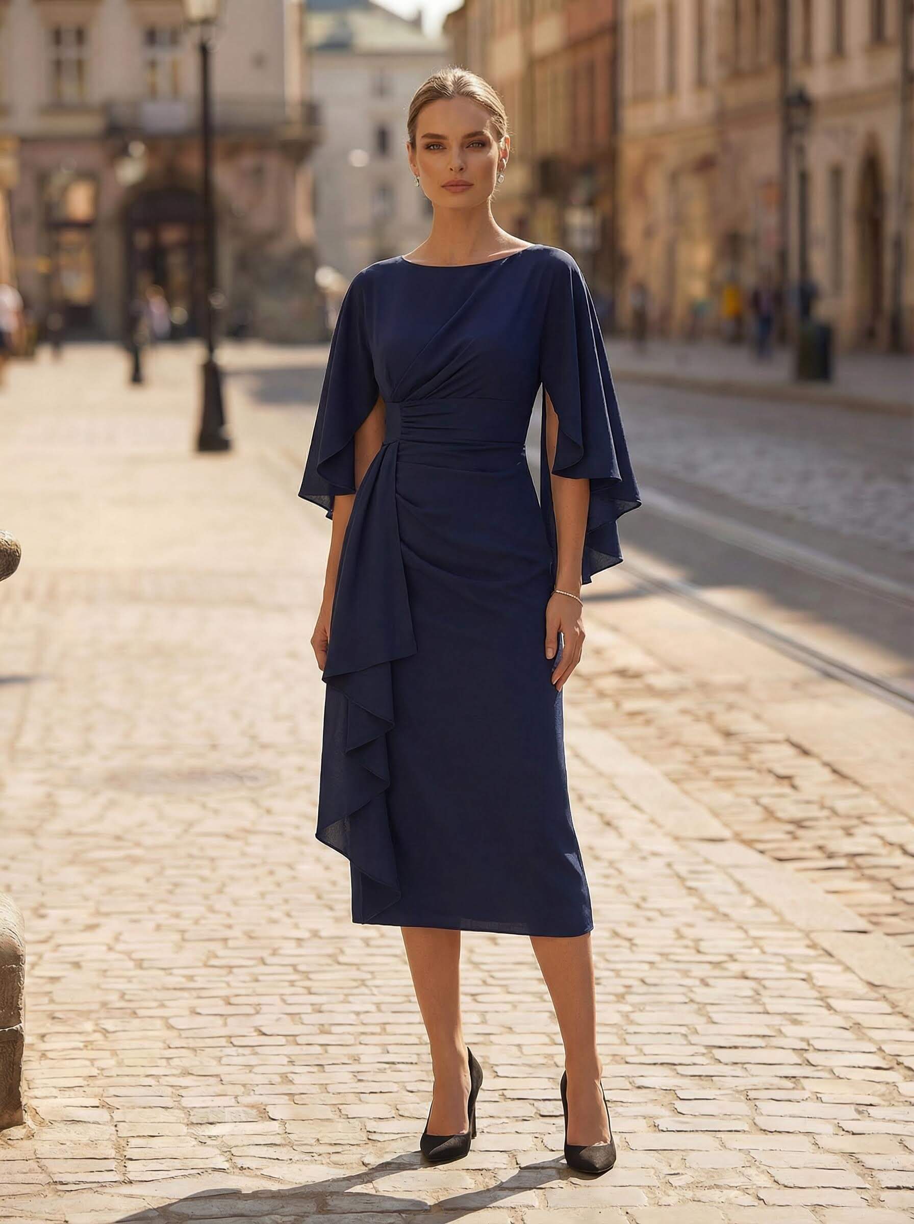 A-Line Scoop Neck 3/4 Sleeves Tea-Length Satin Chiffon Cocktail Dresses With Ruffle