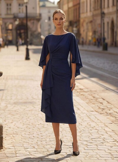 A-Line Scoop Neck 3/4 Sleeves Tea-Length Satin Chiffon Cocktail Dresses With Ruffle