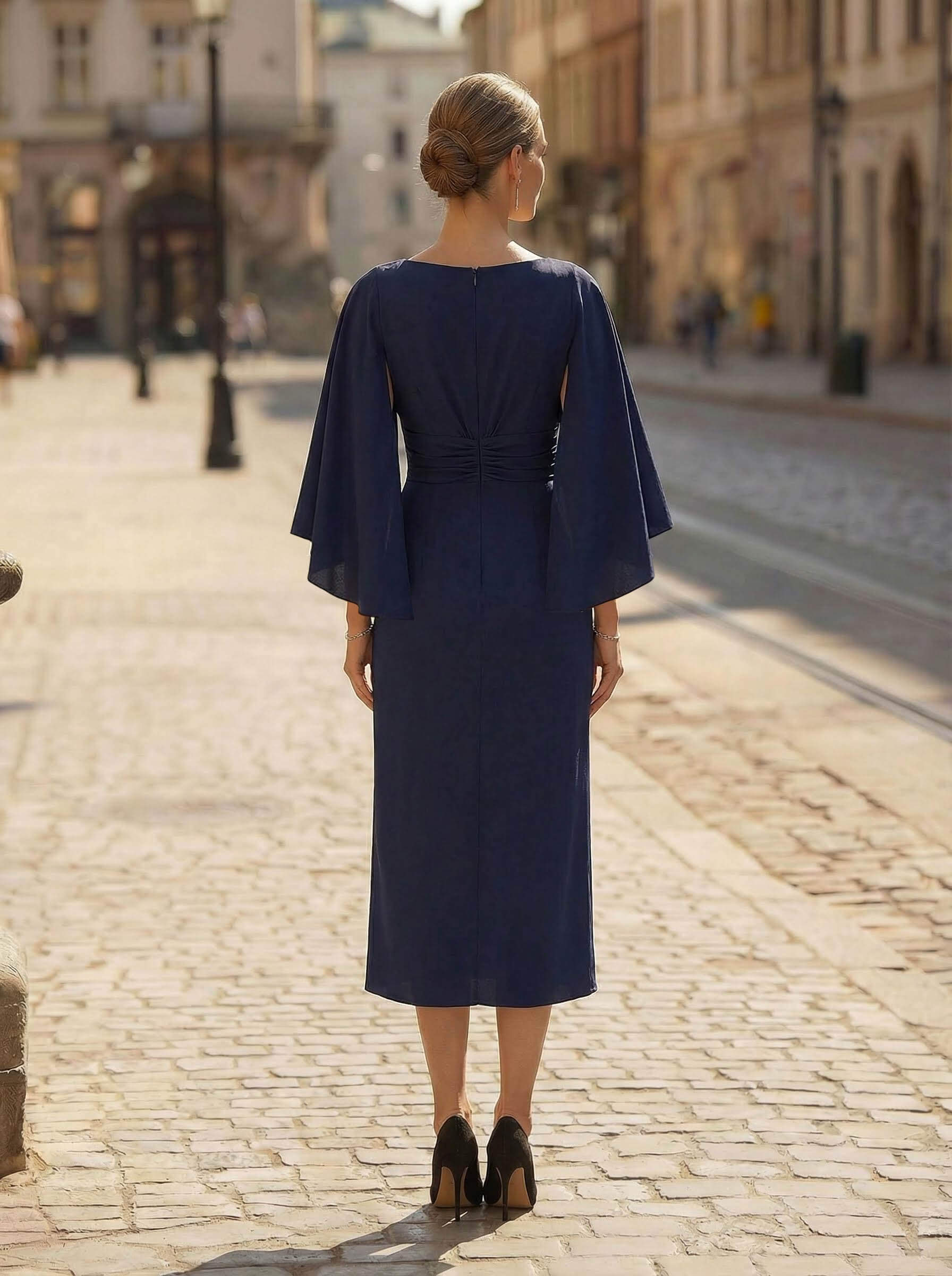 A-Line Scoop Neck 3/4 Sleeves Tea-Length Satin Chiffon Cocktail Dresses With Ruffle