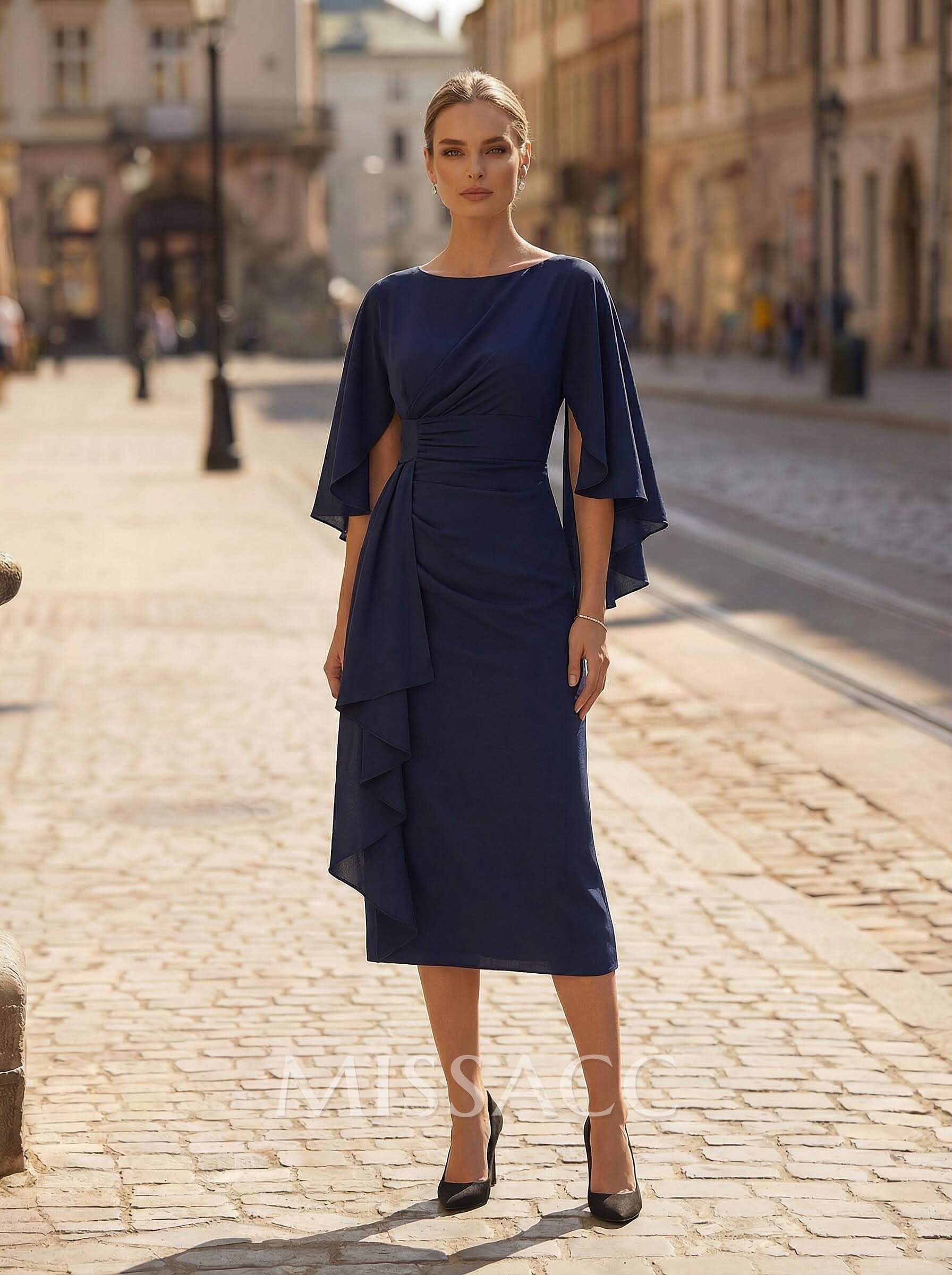 A-Line Scoop Neck 3/4 Sleeves Tea-Length Satin Chiffon Cocktail Dresses With Ruffle