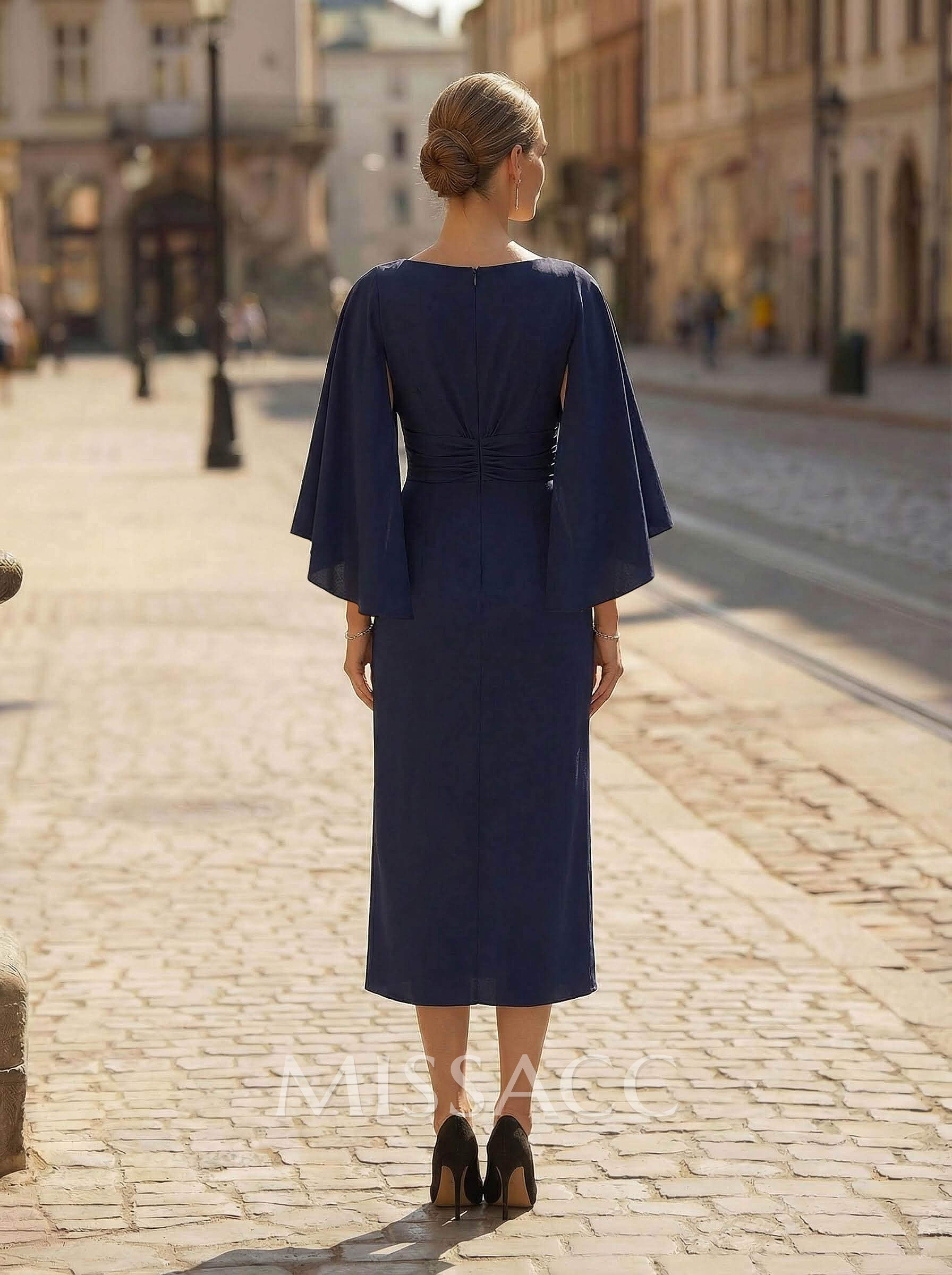 A-Line Scoop Neck 3/4 Sleeves Tea-Length Satin Chiffon Cocktail Dresses With Ruffle