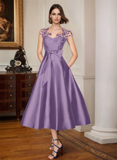 A-Line Illusion Neck Sleeveless Lace/Satin Cocktail Dresses With Bow(s)/Appliques Lace