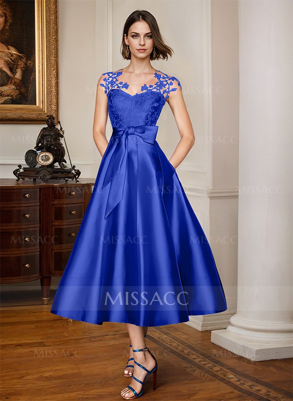 A-Line Illusion Neck Sleeveless Lace/Satin Cocktail Dresses With Bow(s)/Appliques Lace