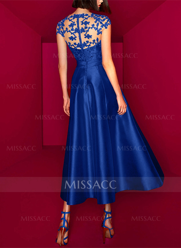 A-Line Illusion Neck Sleeveless Lace/Satin Cocktail Dresses With Bow(s)/Appliques Lace