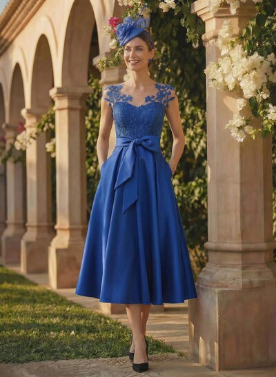 A-Line Illusion Neck Sleeveless Lace/Satin Cocktail Dresses With Bow(s)/Appliques Lace