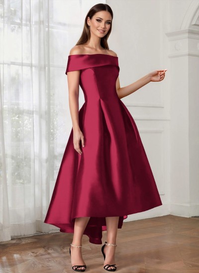 A-Line Off-The-Shoulder Sleeveless Tea-Length Satin Cocktail Dresses