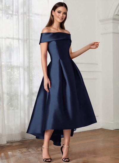 A-Line Off-The-Shoulder Sleeveless Tea-Length Satin Cocktail Dresses