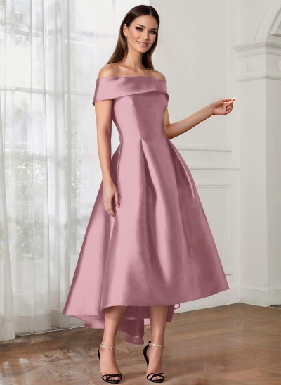 A-Line Off-The-Shoulder Sleeveless Tea-Length Satin Cocktail Dresses