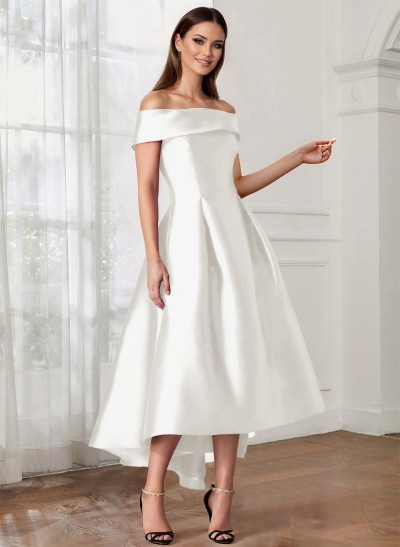 A-Line Off-The-Shoulder Sleeveless Tea-Length Satin Cocktail Dresses