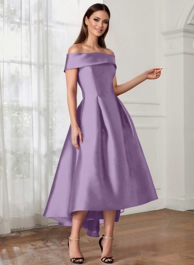 A-Line Off-The-Shoulder Sleeveless Tea-Length Satin Cocktail Dresses