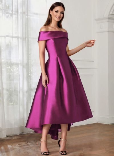 A-Line Off-The-Shoulder Sleeveless Tea-Length Satin Cocktail Dresses