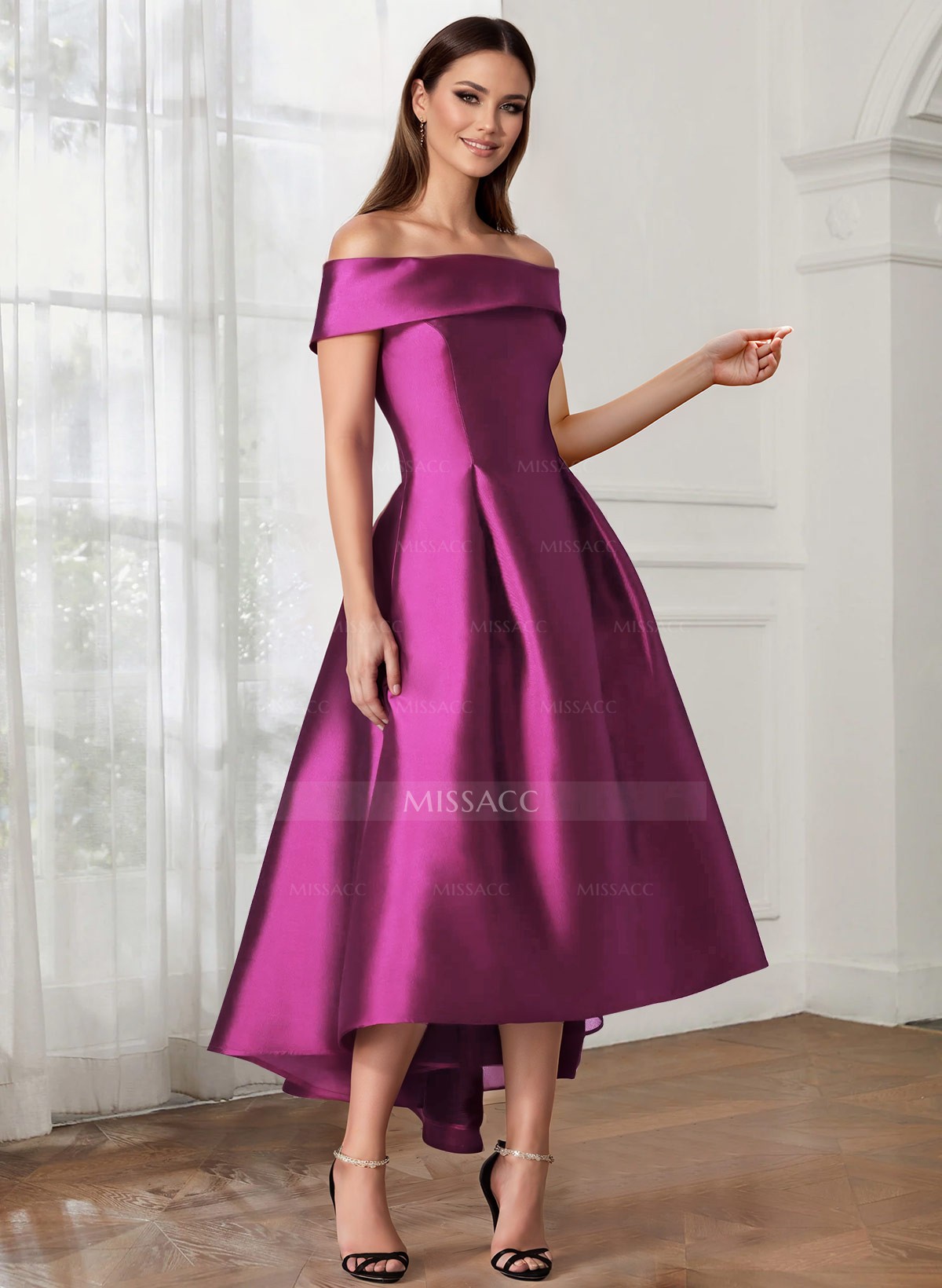 A-Line Off-The-Shoulder Sleeveless Tea-Length Satin Cocktail Dresses