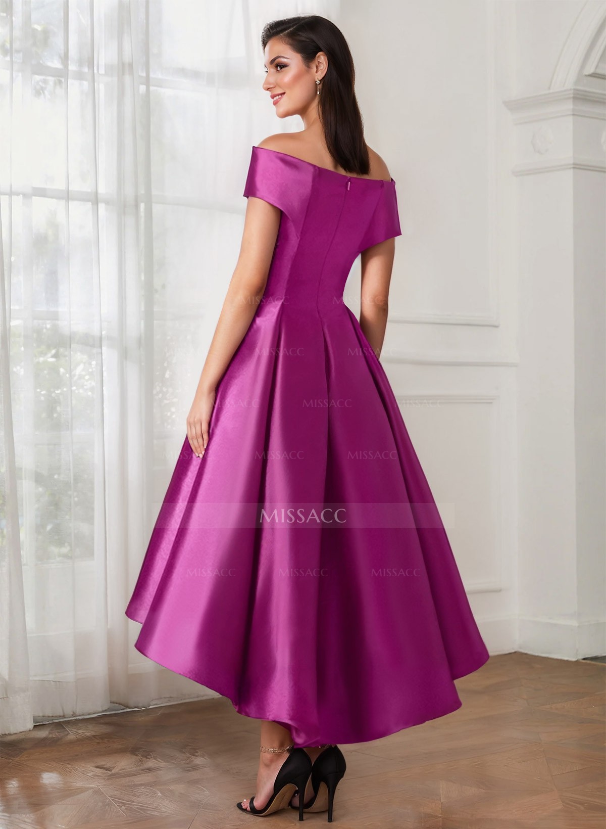 A-Line Off-The-Shoulder Sleeveless Tea-Length Satin Cocktail Dresses