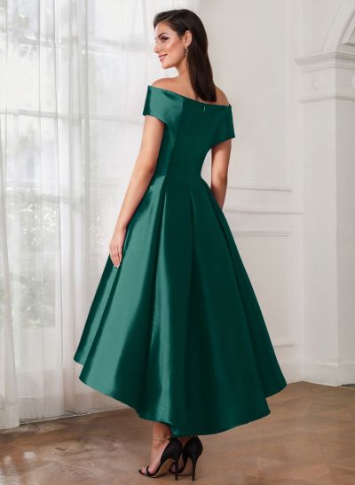 A-Line Off-The-Shoulder Sleeveless Tea-Length Satin Cocktail Dresses