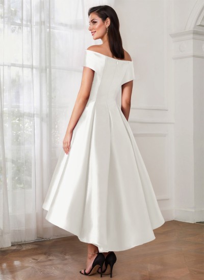 A-Line Off-The-Shoulder Sleeveless Tea-Length Satin Cocktail Dresses