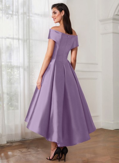 A-Line Off-The-Shoulder Sleeveless Tea-Length Satin Cocktail Dresses