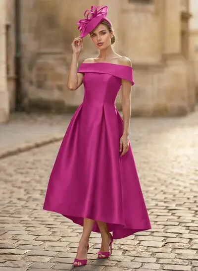 A-Line Off-The-Shoulder Sleeveless Tea-Length Satin Cocktail Dresses -  Missacc