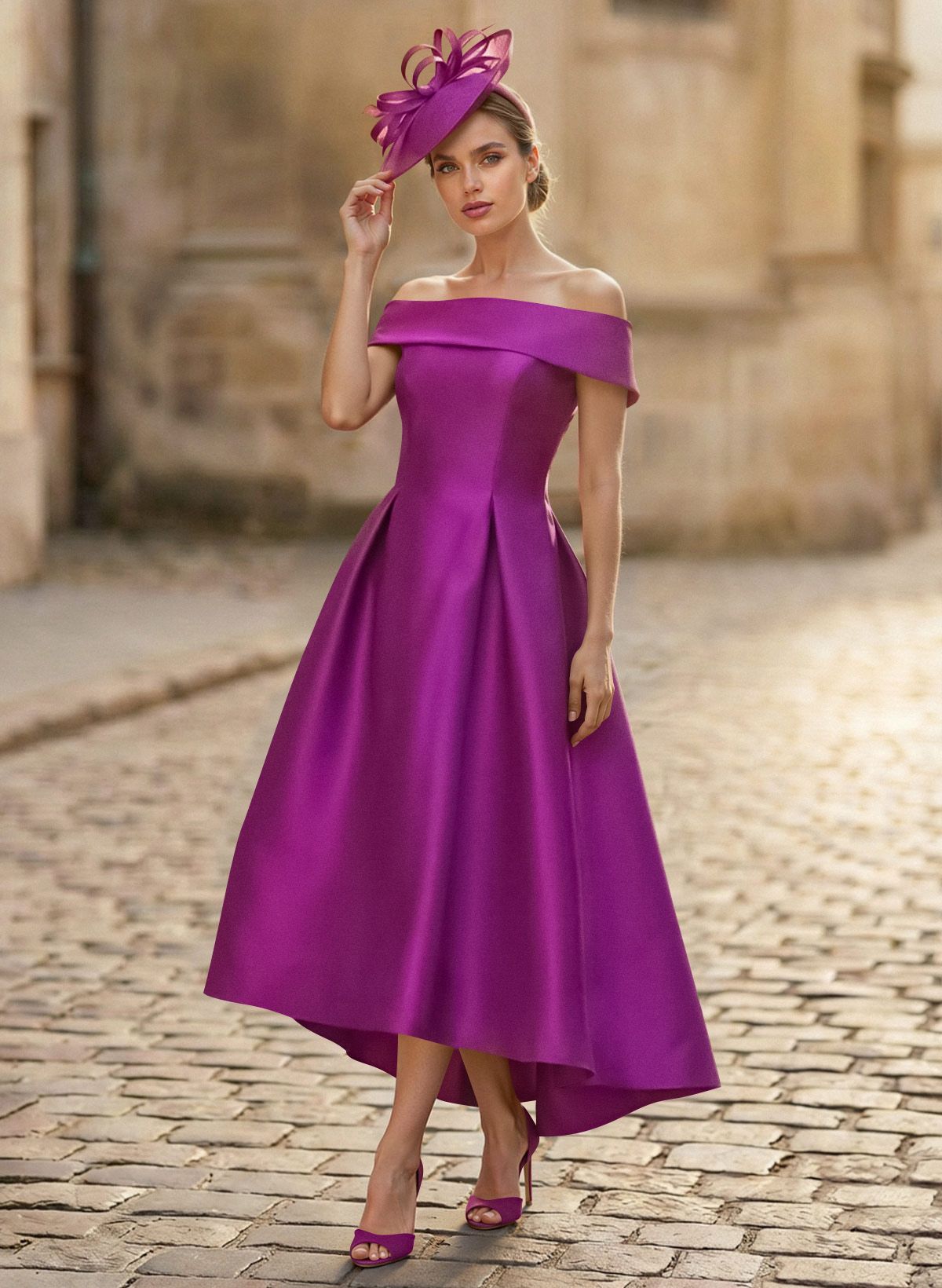 Purple dresses for special occasions - A-Line Off-The-Shoulder Sleeveless Tea-Length Satin Cocktail Dresses