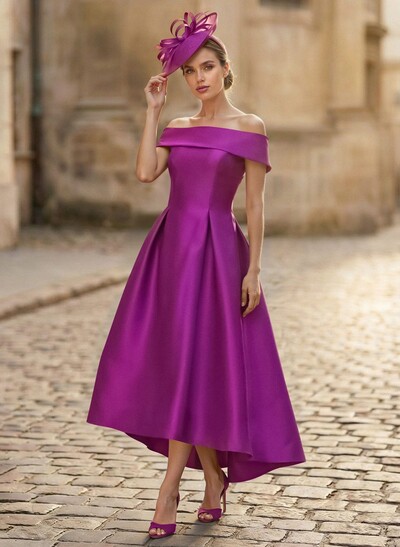 A-Line Off-The-Shoulder Sleeveless Tea-Length Satin Cocktail Dresses