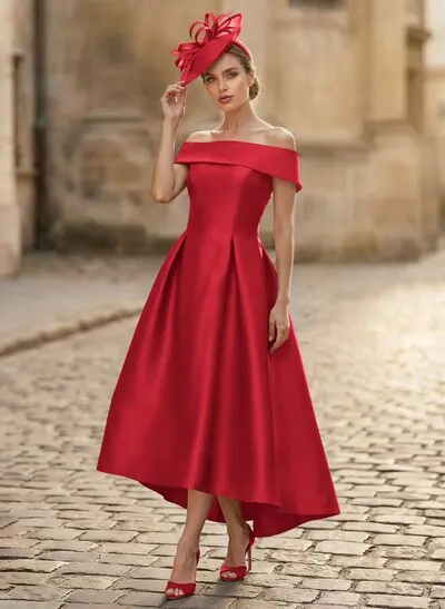 A-Line Off-The-Shoulder Sleeveless Tea-Length Satin Cocktail Dresses -  Missacc