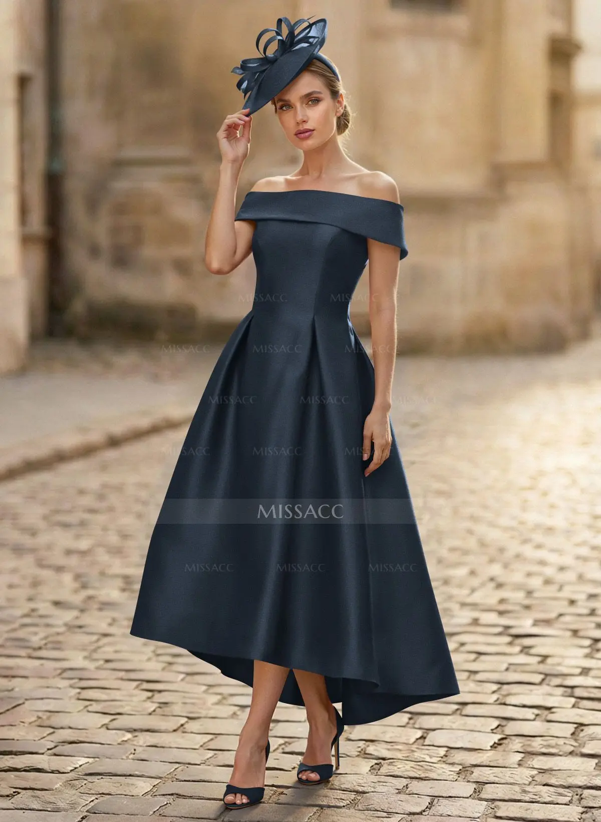 A-Line Off-The-Shoulder Sleeveless Tea-Length Satin Cocktail Dresses -  Missacc