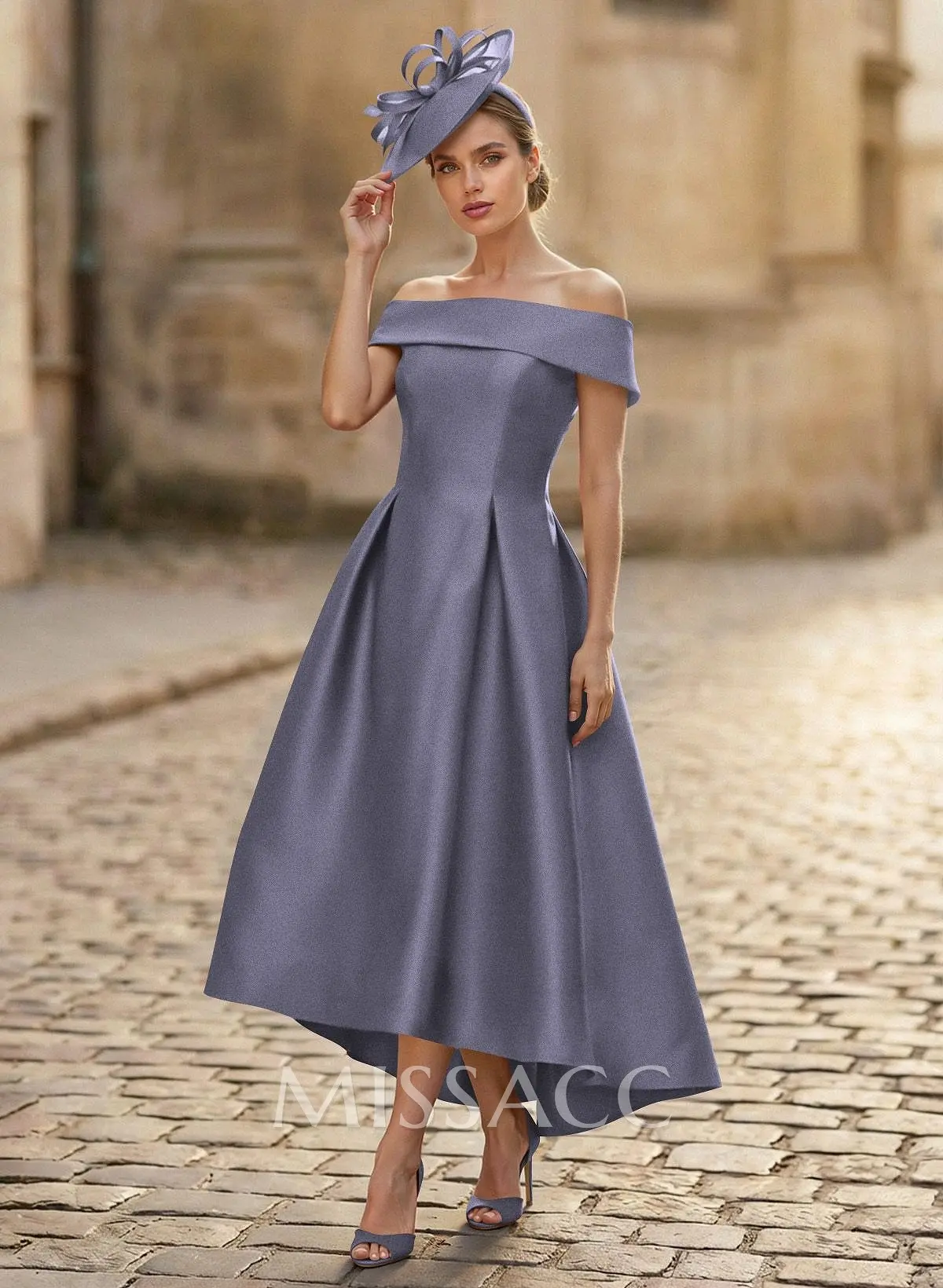 A-Line Off-The-Shoulder Sleeveless Tea-Length Satin Cocktail
