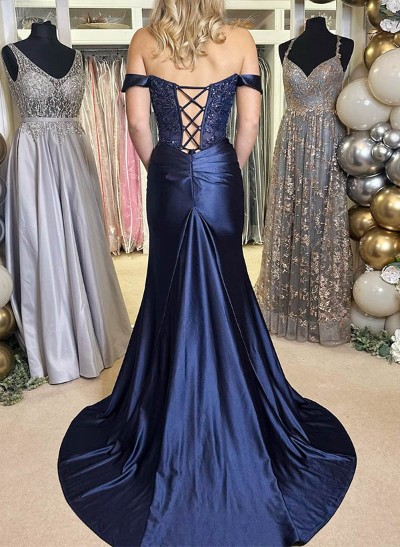 Trumpet/Mermaid Off-The-Shoulder Lace Prom Dresses With High Split