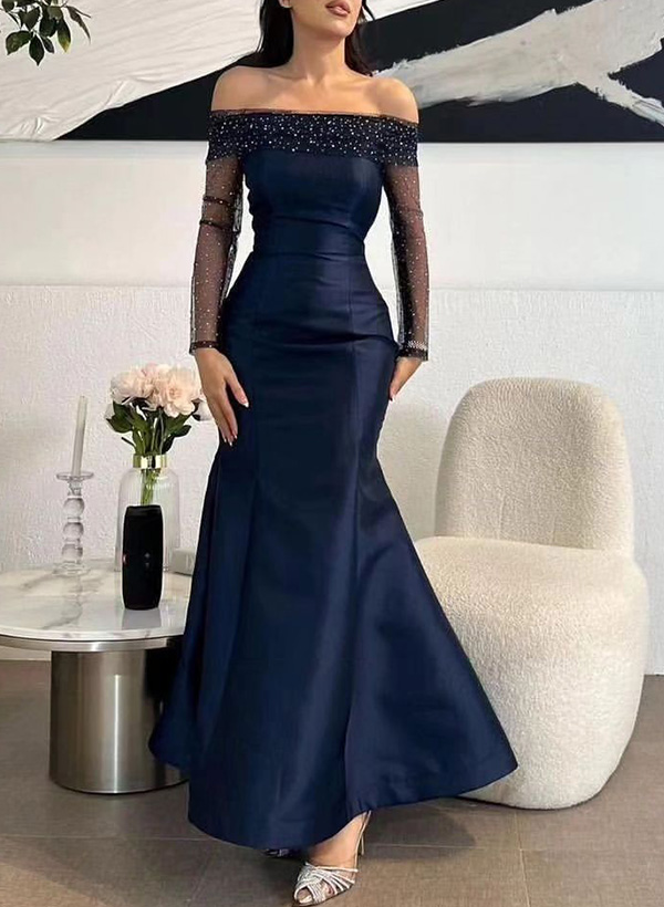 Sequin Mermaid/Trumpet Off Shoulder Floor-Length Evening Dresses with Ruched Bodice main image 1