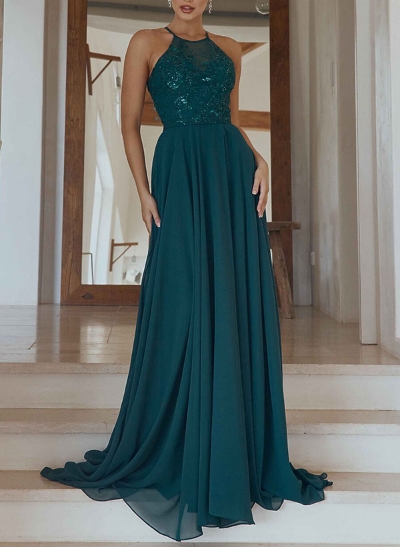 A-Line Halter Sleeveless Floor-Length Sequined Evening Dresses