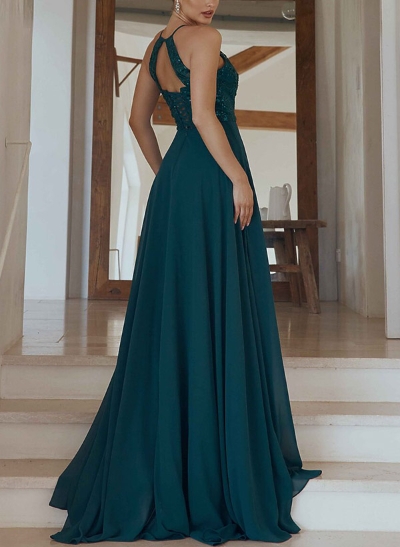 A-Line Halter Sleeveless Floor-Length Sequined Evening Dresses