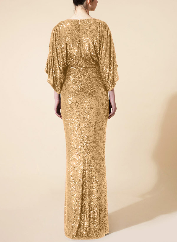 Sheath/Column V-Neck 3/4 Sleeves Floor-Length Sequined Evening Dresses