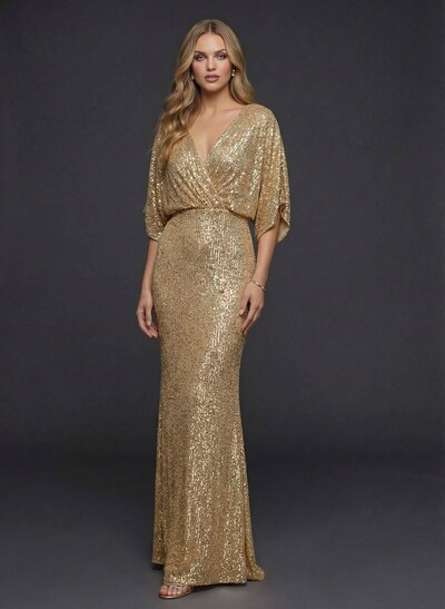 Sheath/Column V-Neck 3/4 Sleeves Floor-Length Sequined Evening Dresses