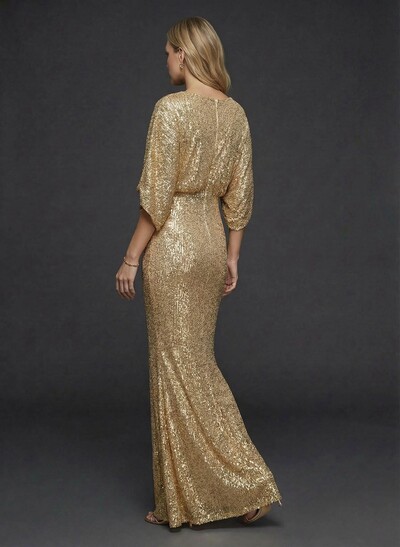 Sheath/Column V-Neck 3/4 Sleeves Floor-Length Sequined Evening Dresses