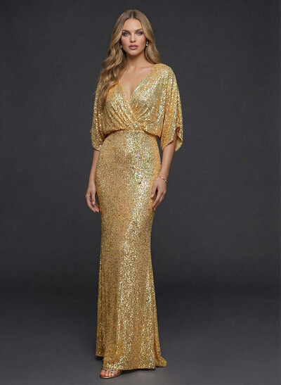 Sheath/Column V-Neck 3/4 Sleeves Floor-Length Sequined Evening Dresses