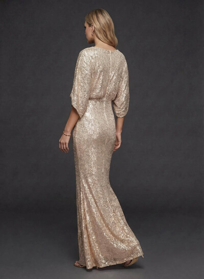 Sheath/Column V-Neck 3/4 Sleeves Floor-Length Sequined Evening Dresses