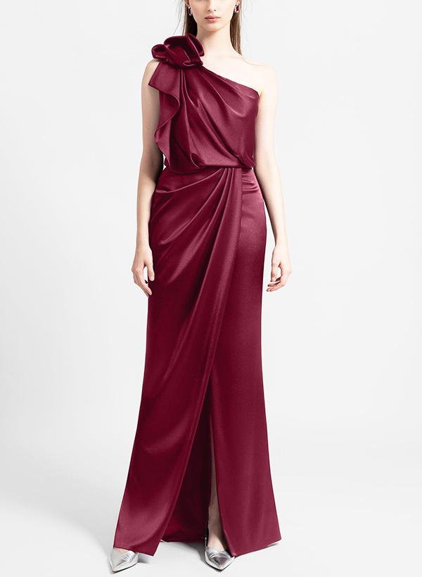 Sheath/Column One-Shoulder Silk Like Satin Evening Dresses With Split Front
