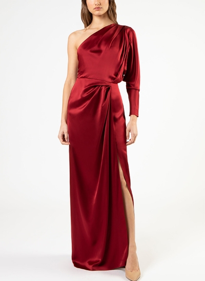 Sheath/Column One-Shoulder Silk Like Satin Evening Dresses With High Split