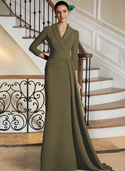 V-Neck Sleeves High Waist Elastic Satin Sheath/Column Evening Dresses