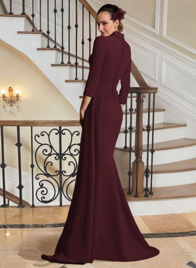 V-Neck Sleeves High Waist Elastic Satin Sheath/Column Evening Dresses