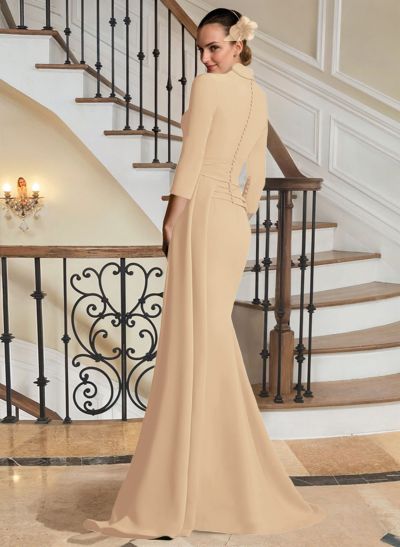V-Neck Sleeves High Waist Elastic Satin Sheath/Column Evening Dresses