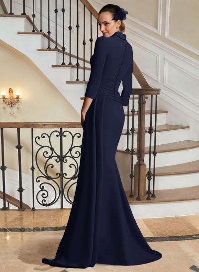 V-Neck Sleeves High Waist Elastic Satin Sheath/Column Evening Dresses