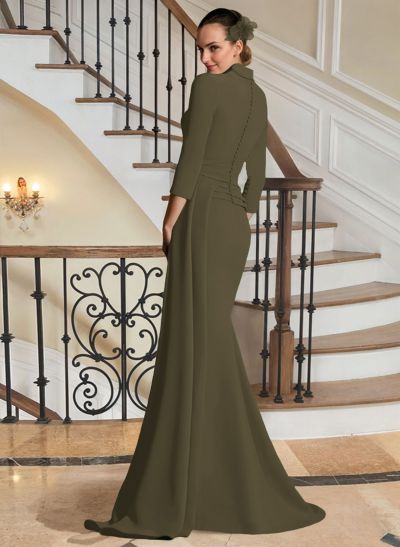 V-Neck Sleeves High Waist Elastic Satin Sheath/Column Evening Dresses